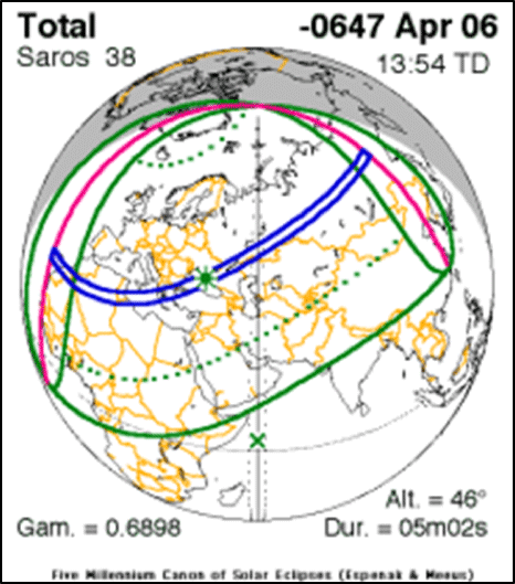 Eclipse Map for 647 BCE Total Solar Eclipse.
