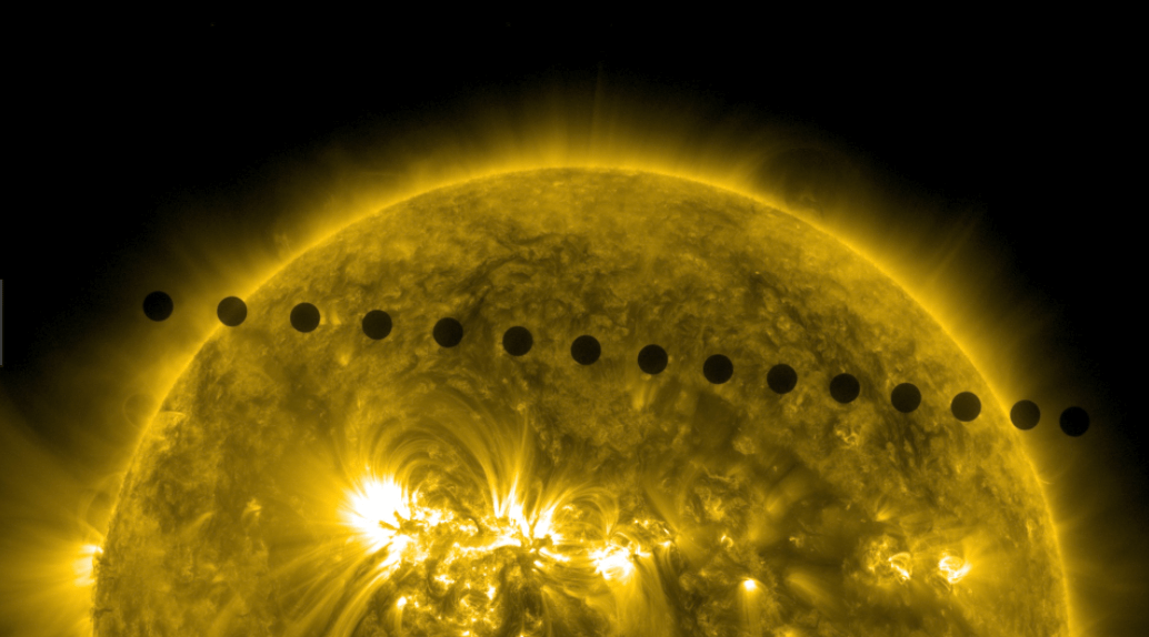 These images from NASA’s Solar Dynamics Observatory show Venus’ path across the sun during the transit of 2012.