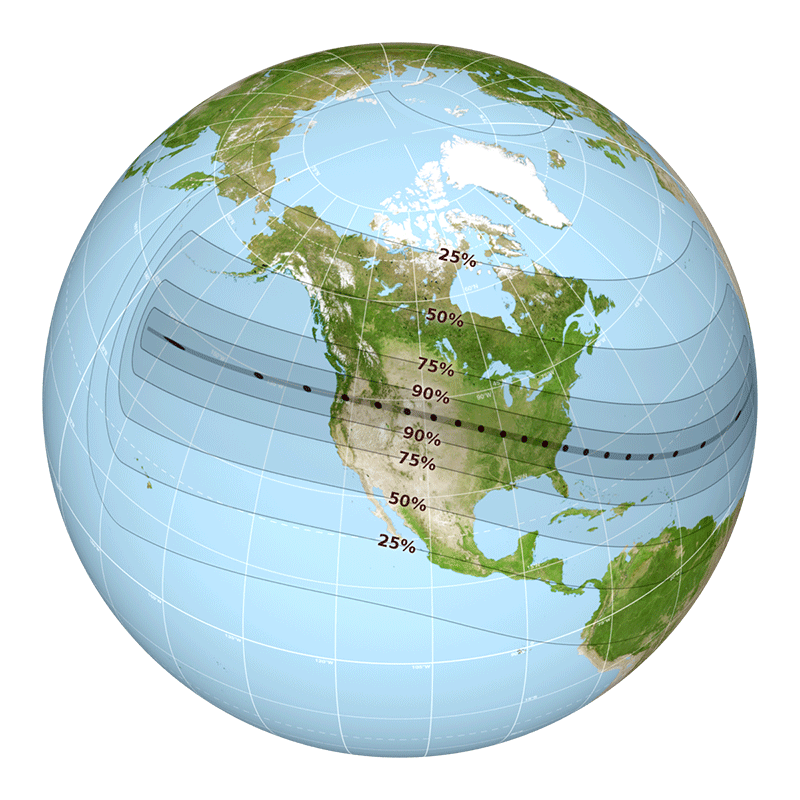 This map shows the globe view of the path of totality for the August 21, 2017 total solar eclipse.