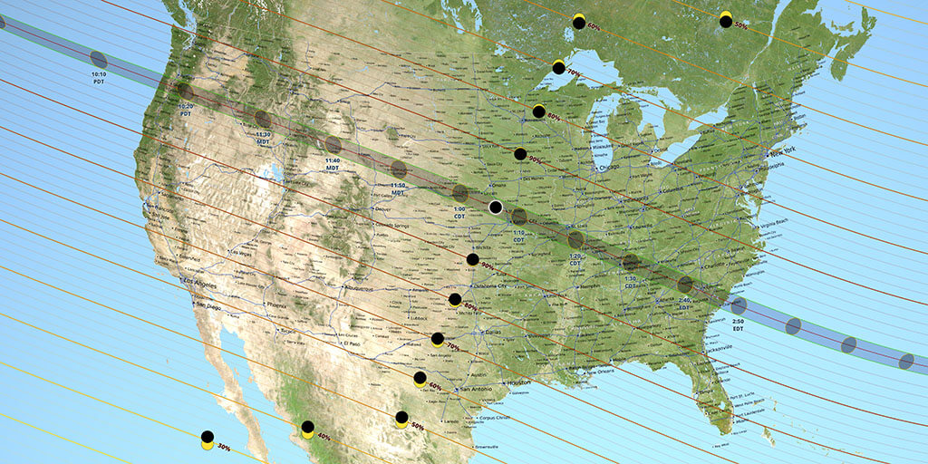 A map of the United States showing the path of totality for the August 21, 2017 total solar eclipse.